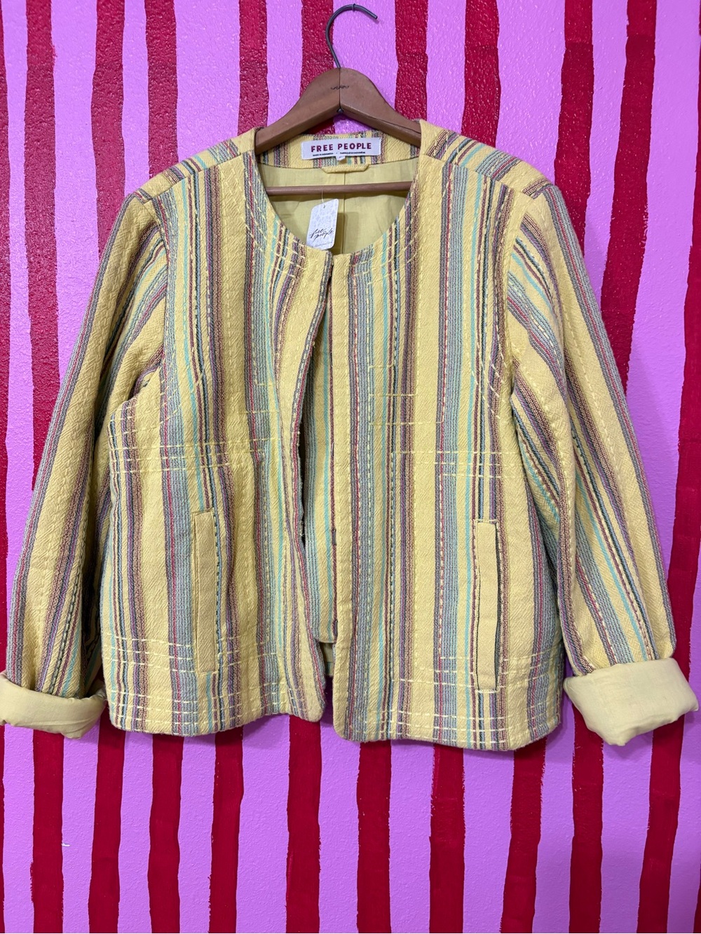 Free People Yellow Multistripe Collarless Blazer